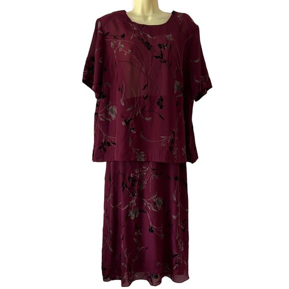 Vtg MW Modern Woman Size 18 20W Wine Red Print Flocked 2 Pc Maxi Skirt Blouse - Picture 1 of 15